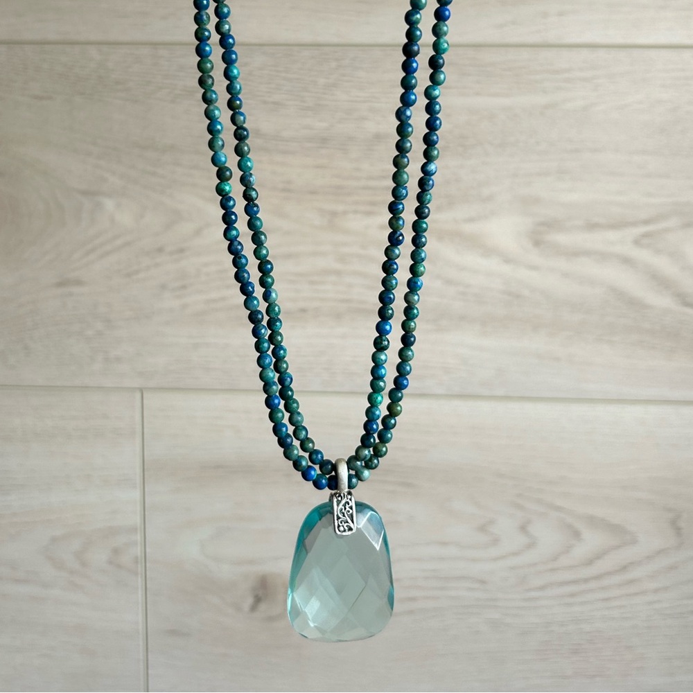 Handmade Double Stranded Chrysocolla Beads and Faceted Aquamarine Necklace